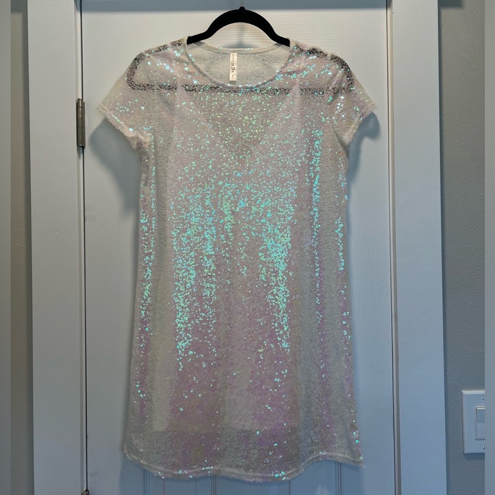 Party Sequin Shift Dress in White Iridescence, Lucy in the Sky, size small